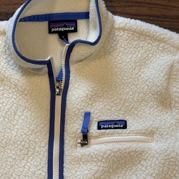 Patagonia Retro Pile Marsupial Pullover Women’s M White Blue Trim Cozy Fleece - Picture 2 of 6